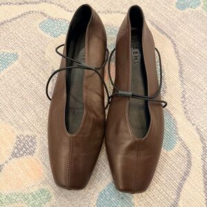 Brown Leather Ballet Flats with Lace Tie
